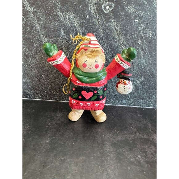 House Of Hatten Child Holding Snowman Ornament Denise Calla 1993 6" - Picture 2 of 5